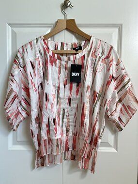 DKNY Womens Blouse sz Small Short Sleeve Smudge Print Mix Media Sheer Satin Crew